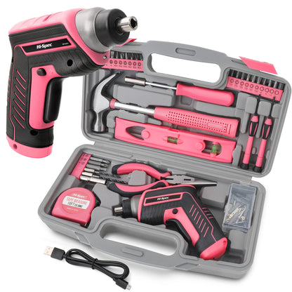Hi-Spec 35pc Pink Womans Tool Kit Set with 3.6V USB Electric Power Cordless Screwdriver Compact for Home. Starter Basic Ladies Tools for Household DIY Repairs in a Small Toolbox