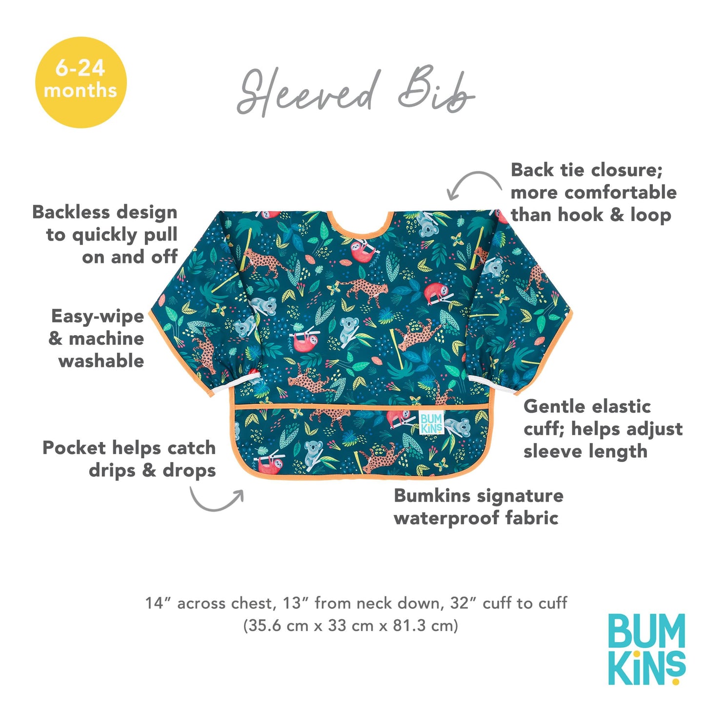 Bumkins Sleeved Bib for Girl or Boy, Baby and Toddler for 6-24 Mos, Essential Must Have for Eating, Feeding, Baby Led Weaning Supplies, Long Sleeve Mess Saving Food Catcher, Soft Fabric, Jungle
