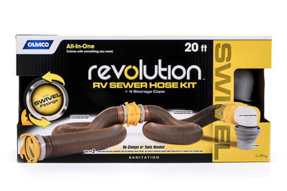 Camco Revolution Sewer Hose Kit with 360 Degree Swivel Fittings and 4-in-1 Elbow Adapter, Universal Fit, 20 Feet (39634)