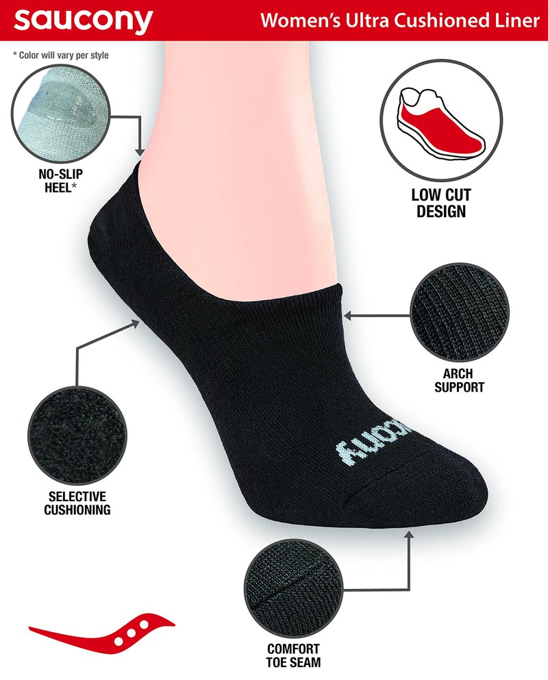 Saucony Women's Performance 8, 16 Pairs No Show Cushioned Invisible Liner Socks, S-L, Black Basic (8 Pairs), Small