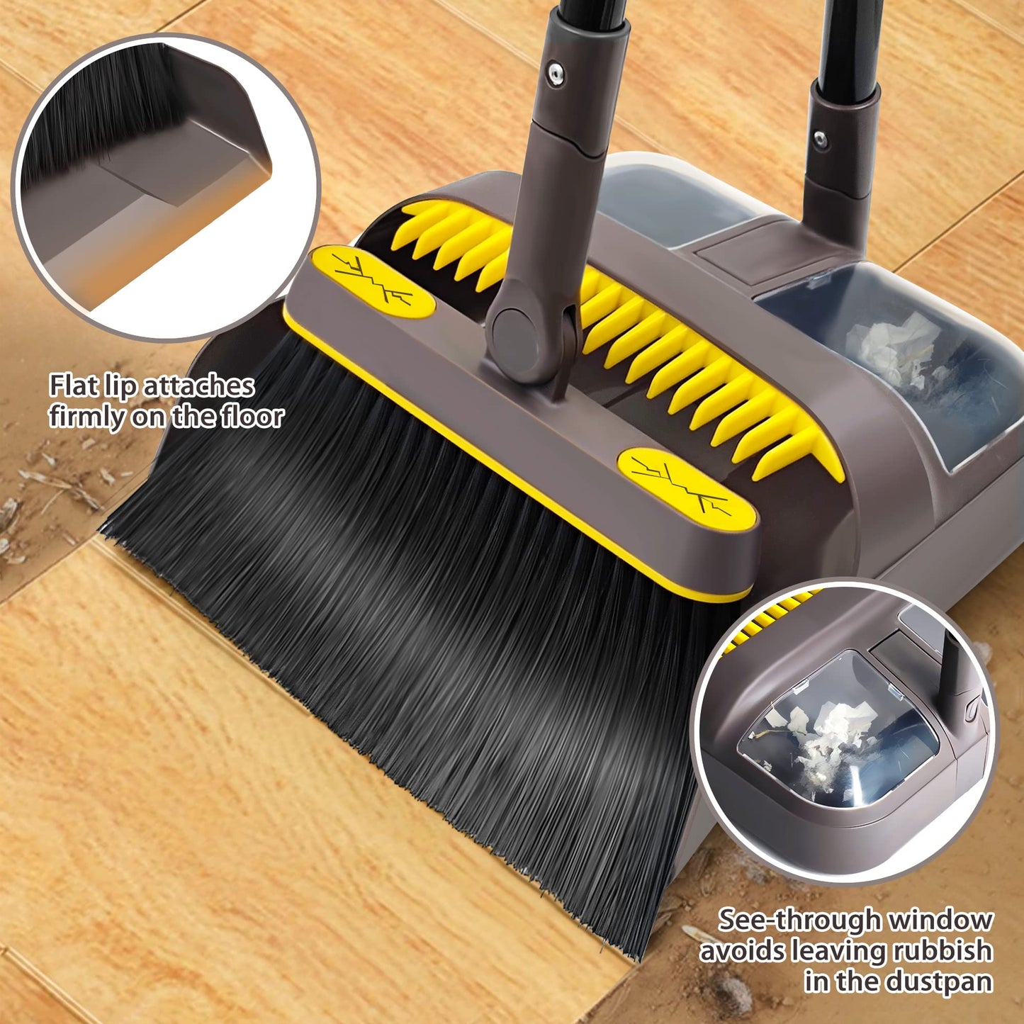JEHONN Dustpan and Brush Set with 138 CM Long Handle, Tall Sweeping Broom with 180 Degree Swivel Head, Unique Garden Dust Pan with Comb Teeth for Indoor Outdoor Home Lobby Kitchen Office Room