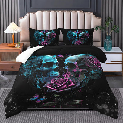 Tuzaovy Skull Bedding Set Queen Size,Goth Bedding Sets Queen with Comforter,Skull Comforter Set,Rose Comforter Halloween Skull Bed Comforter,Blue Comforter Black Bedding Skull Quilt