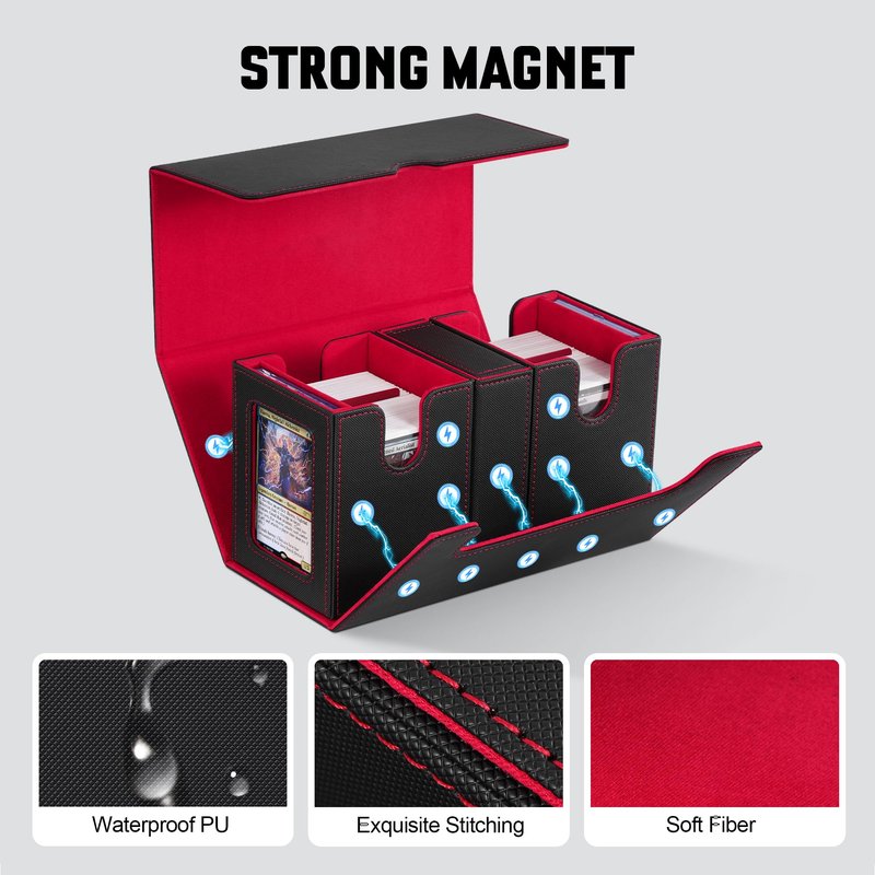 ZLCA Card Deck Box with Commander window Display, MTG Deck Box with Dice Tray Holds 200+ Double-Sleered Cards,Card Storage Case fit for YuGiOh,MTG,Sport (Black&Red)