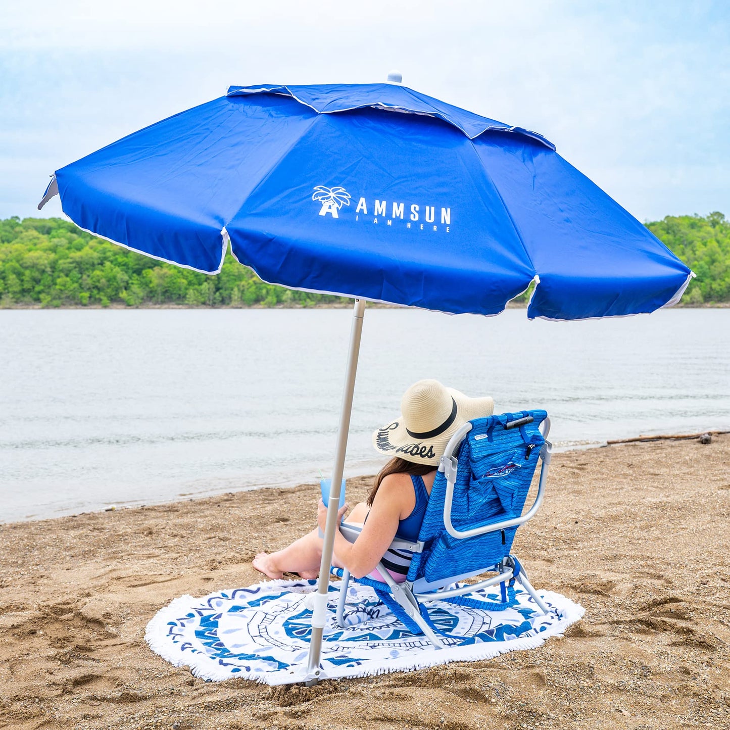 AMMSUN 6ft Folded Portable Travel Beach Umbrella with Sand Anchor Tilt Air vent UPF 50+UV Protection Fit In Suitcase Compact Foldable Telescopic umbrellas for Patio Garden Beach Pool Blue