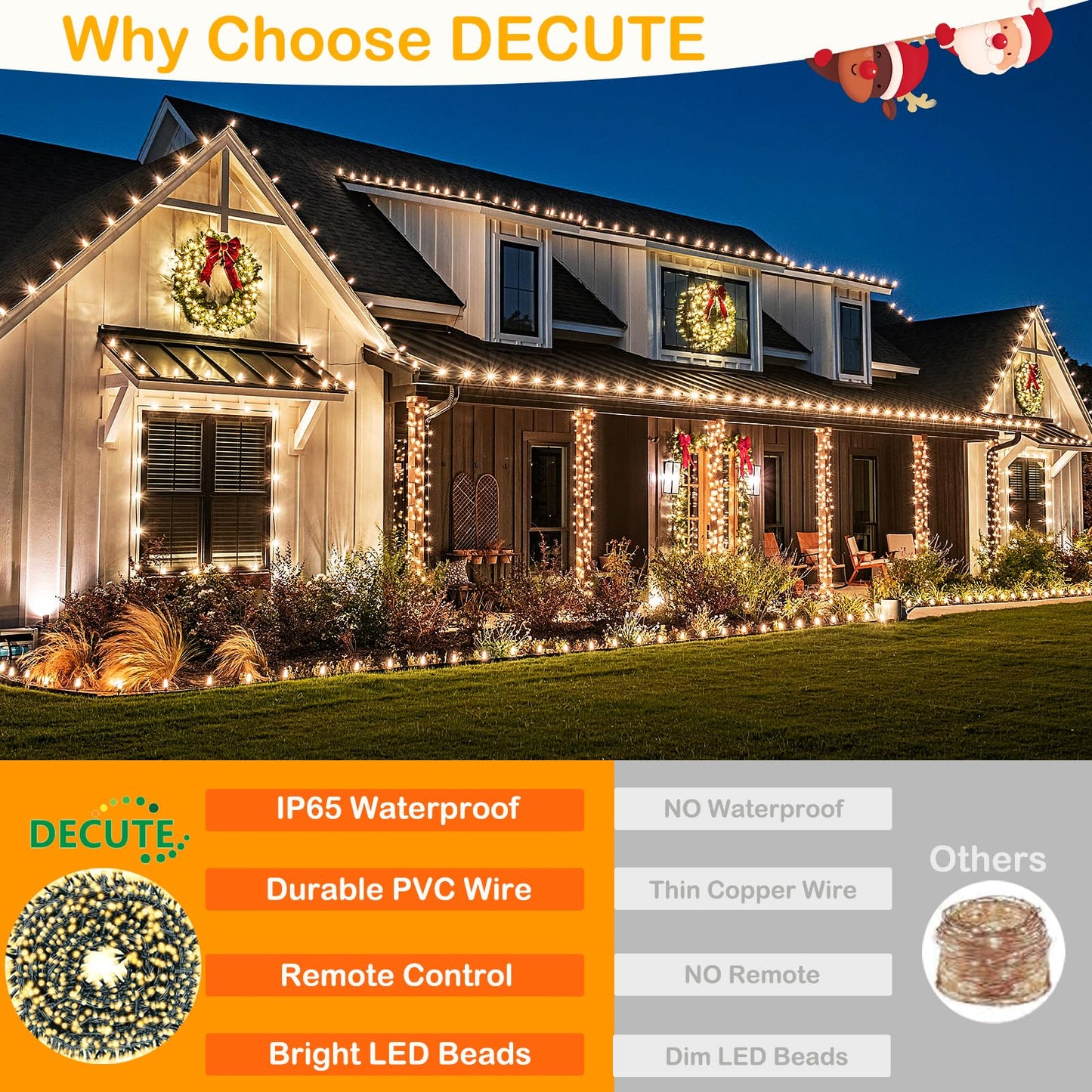 Decute 300LED Christmas String Lights Outdoor Waterproof 105FT UL Certified with End-to-End Plug 8 Modes, Warm White Indoor Starry Fairy Lights for Christmas Tree Patio Garden Wedding Party Decor