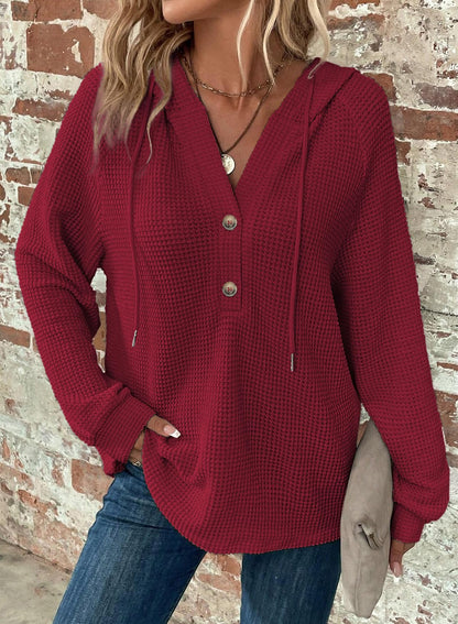 Dokotoo Hoodies for Women Waffle Knit Drawstring Button V Neck Long Sleeve Shirts Christmas Sweaters Pullover Sweatshirt Tops Lightweight Casual Cute Cozy Fall Winter Fashion Outfits Red X-Large