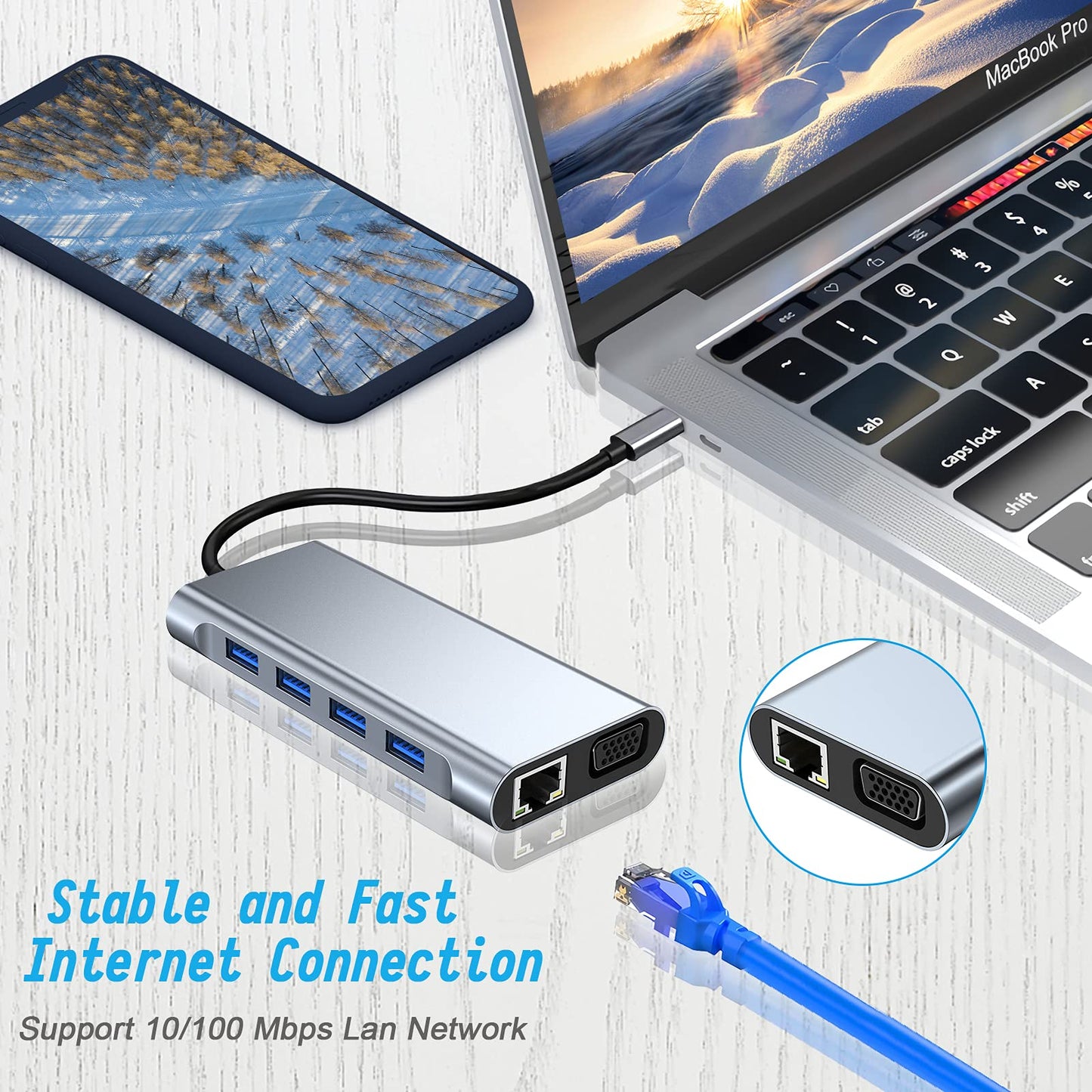 USB C HUB, Docking Station, 11-in-1 USB C Adapter with 4K-HDMI, VGA, USB 3.0 port, Type C PD, RJ45 Ethernet, SD/TF Card Reader, 3.5mm AUX, Compatible with MacBook Pro/Air, More Type C Devices
