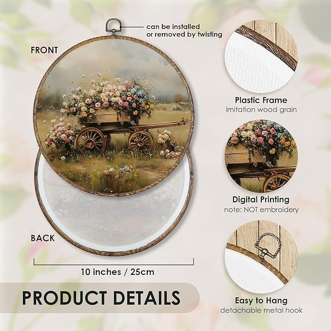 Fewgb Farmhouse Floral Cart Round Wall Art Decor Framed, Vintage French Country Canvas Wall Art Prints Picture, Rustic Cottagecore Wildflower Hanging Room Decor Artwork for Gallery Bedroom 10x10