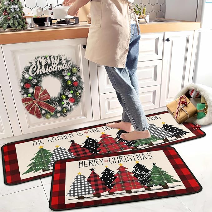 Buffalo Plaid Xmas Trees Merry Christmas Red Kitchen Rugs Set of 2, Non Skid Washable Soft Comfort Kitchen Rugs Set (17"x47"+17"x30",Merry Christmas)