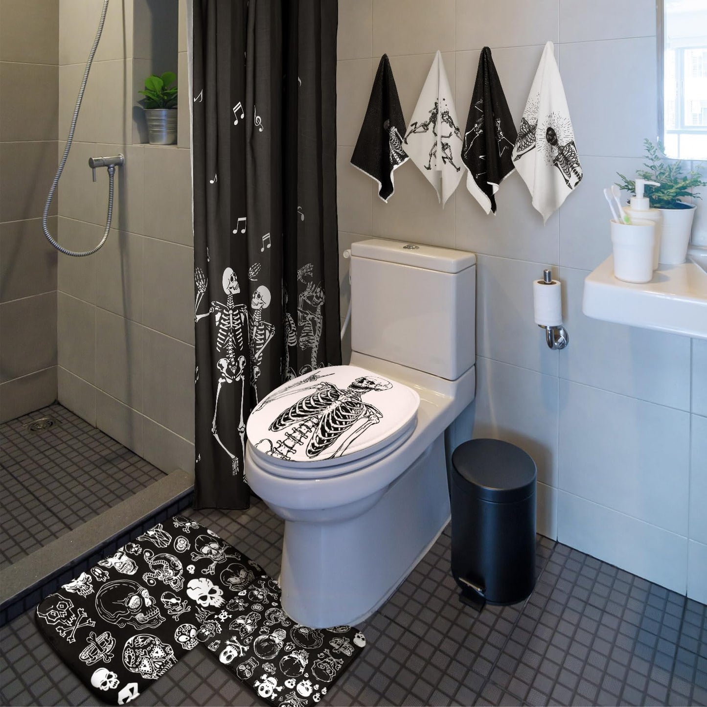 Honoson 8 Pcs Skeleton Shower Curtain Set with Rugs and Kitchen Towels Skeleton Farmhouse Shower Curtain Bathroom Set for Farmhouse Country Summer Halloween Housewarming Gifts Decor