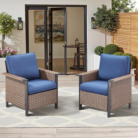 2 Pieces Outdoor Patio Furniture Set-Outdoor Wicker Chairs of 2, All Weather High Back Rattan Chairs 2-Seater with Comfy Cushions for Patio Porch Deck Brown/Blue
