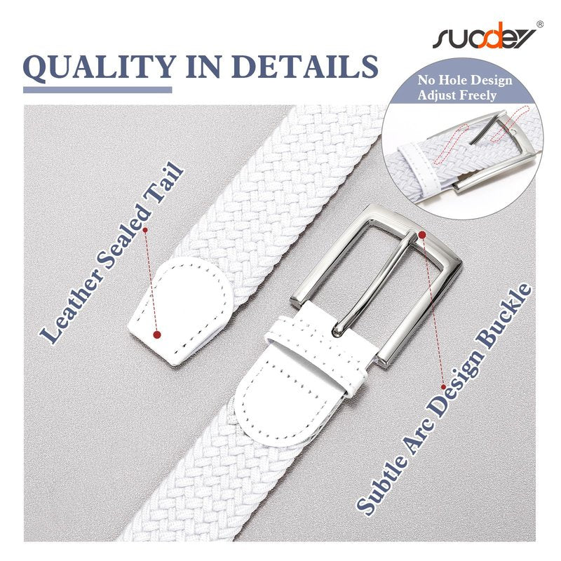 SUOSDEY Elastic Fabric Braided Belts for Men, Stretch Woven Belts for Golf Casual Jeans Shorts,white