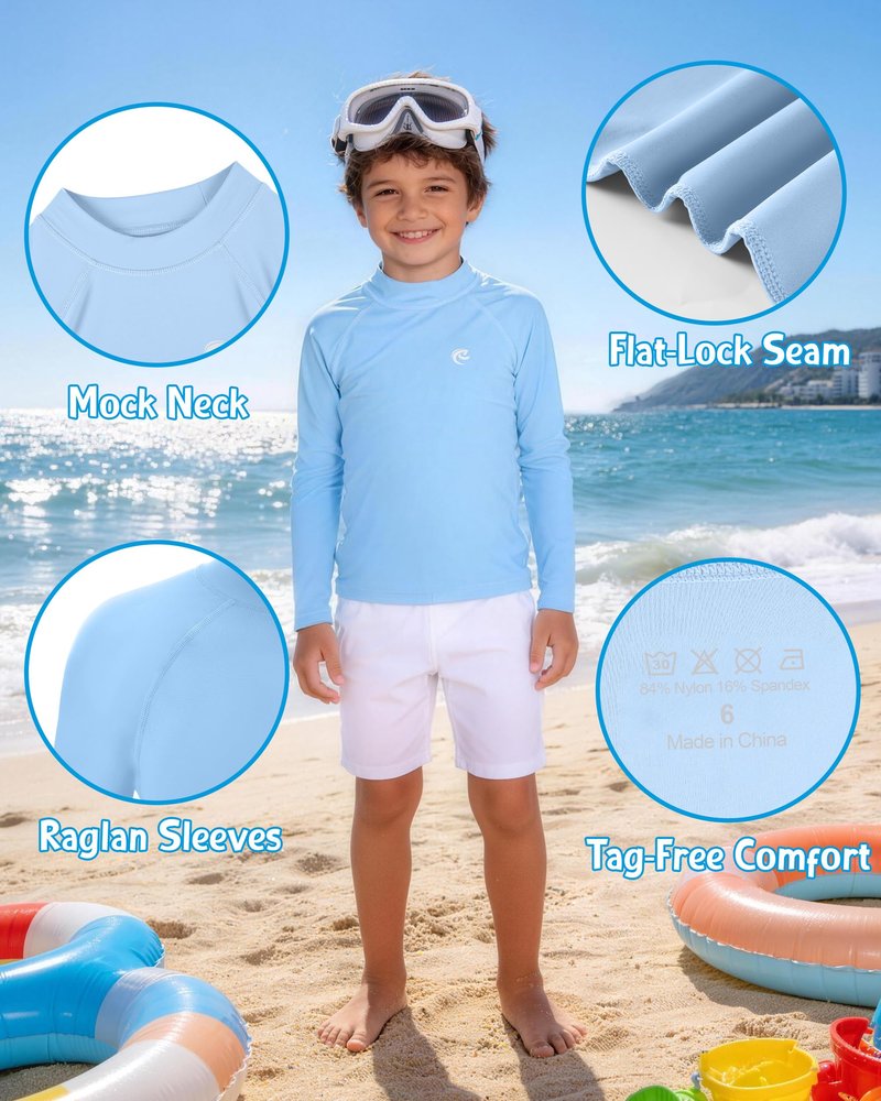 DRONIRING Boys' Long Sleeve Rash Guard, UPF 50+ Swim Shirt Toddler Kids, Quick Dry SPF UV Sun Protection Water Shirts for Beach Surf Swimming