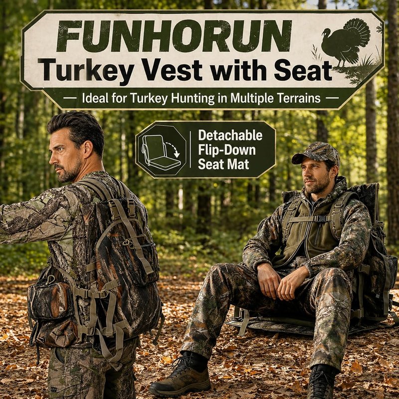 Turkey Hunting Vest with Detachable Flip-Down Seat Mat - Camouflage Game Pouch for Men & Women