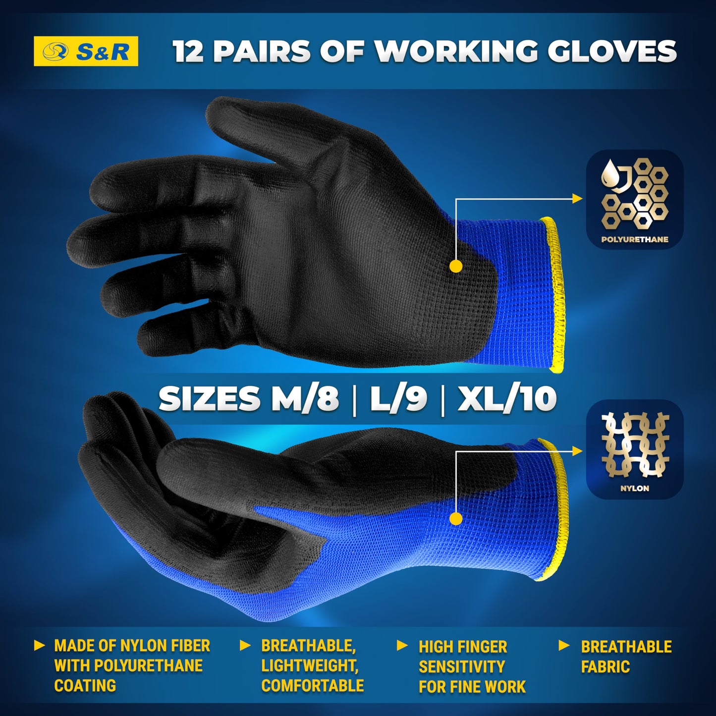 S&R Work Gloves – 12 Pairs, Nylon with PU Coating, Size XL/10 – Protective Gloves for Private & Commercial Use