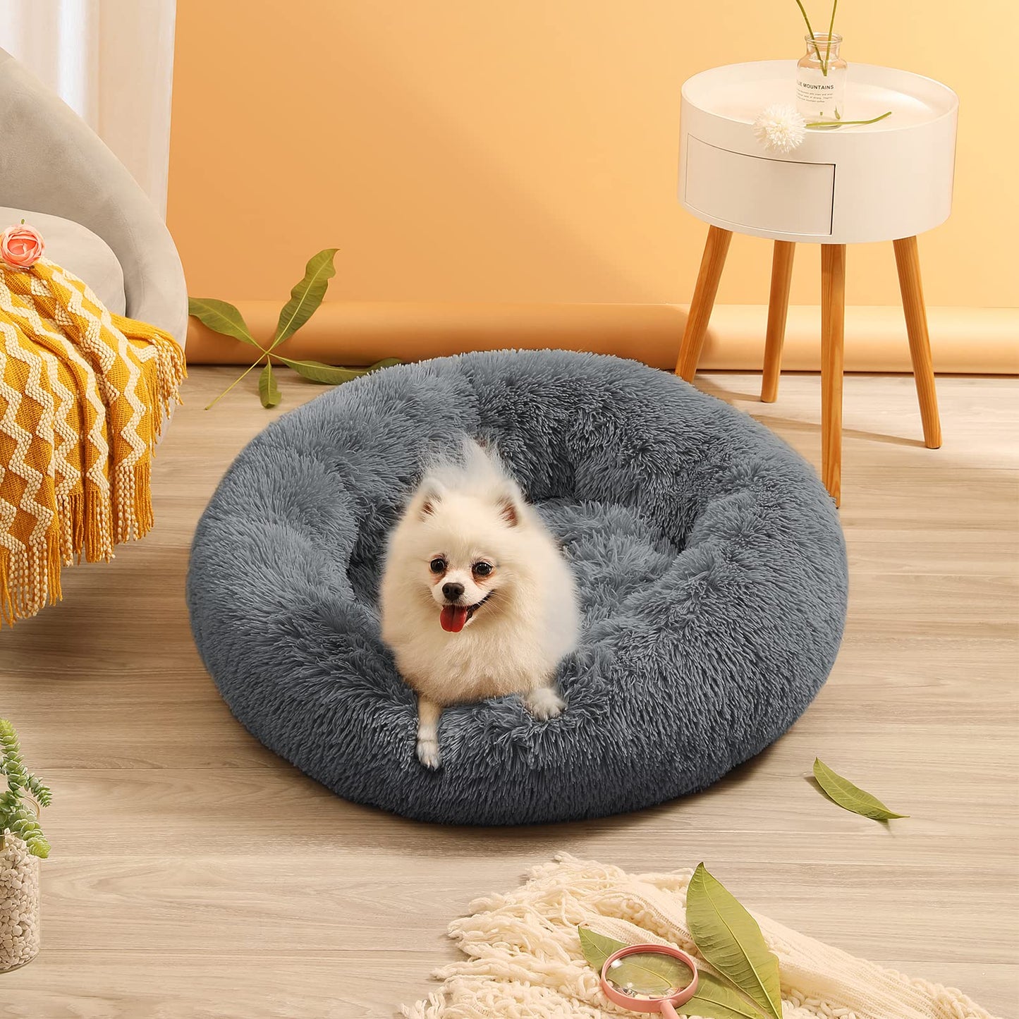 YOJOGEE Calming Donut Dog Bed for Medium Small Dogs Cats, Fluffy Anti AnXiety Dog Beds Washable Puppy Bed Non-Slip Plush Cuddler Warming Round FauX Fur Pet Bed,Dark Grey,60*60cm