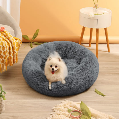 YOJOGEE Calming Donut Dog Bed for Medium Small Dogs Cats, Fluffy Anti AnXiety Dog Beds Washable Puppy Bed Non-Slip Plush Cuddler Warming Round FauX Fur Pet Bed,Dark Grey,60*60cm