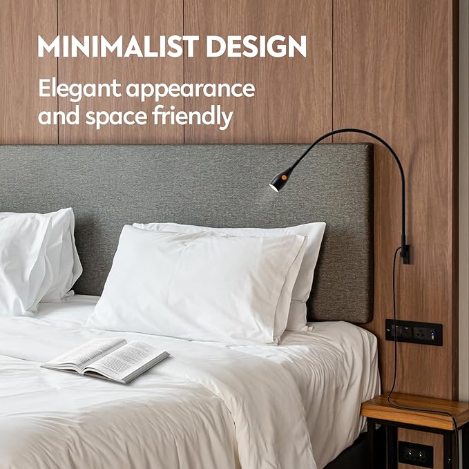acegoo Wall Mounted Minimalist Bedside Reading Light, Wooden Headboard Mount Flexible Gooseneck Book Light, Handy Lamp Head Switch, CRI 98+ 4000K LED, Powered by USB