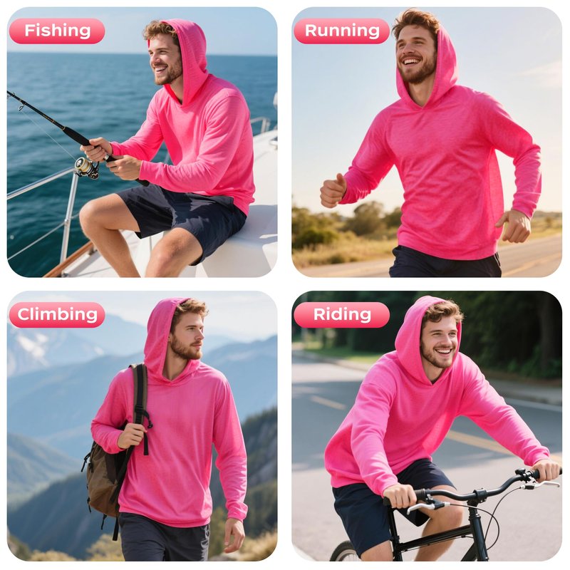 ProtectX High Visibility Sun Protection Lightweight Long Sleeve Hoodie, UPF 50+ Quick-Dry, SPF UV Shirt, Active Wear - Pink, Large