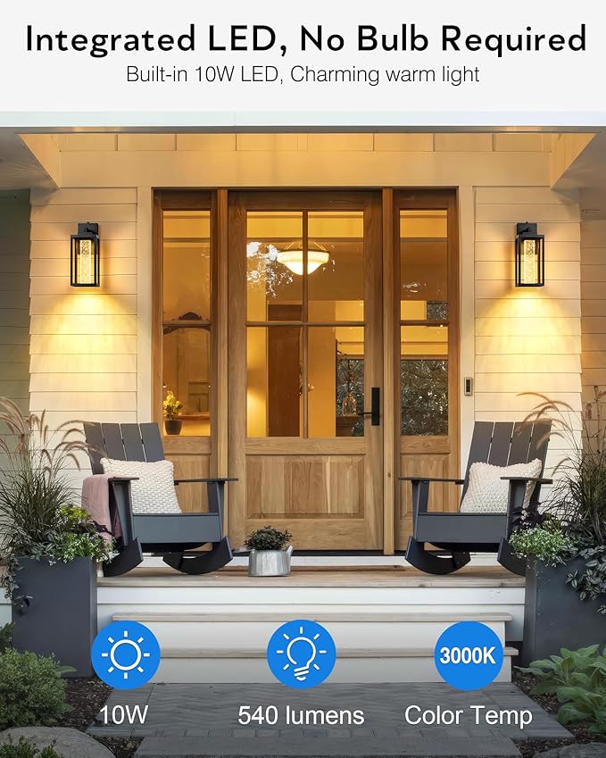 VIANIS Large Exterior Lighting Fixtures Wall Mount for House, Black Dusk to Dawn Porch Lights Outdoor with Integrated 10W LED Light Source Crystal Bubble Glass, 2 Packs Outdoor Wall Sconces Lantern