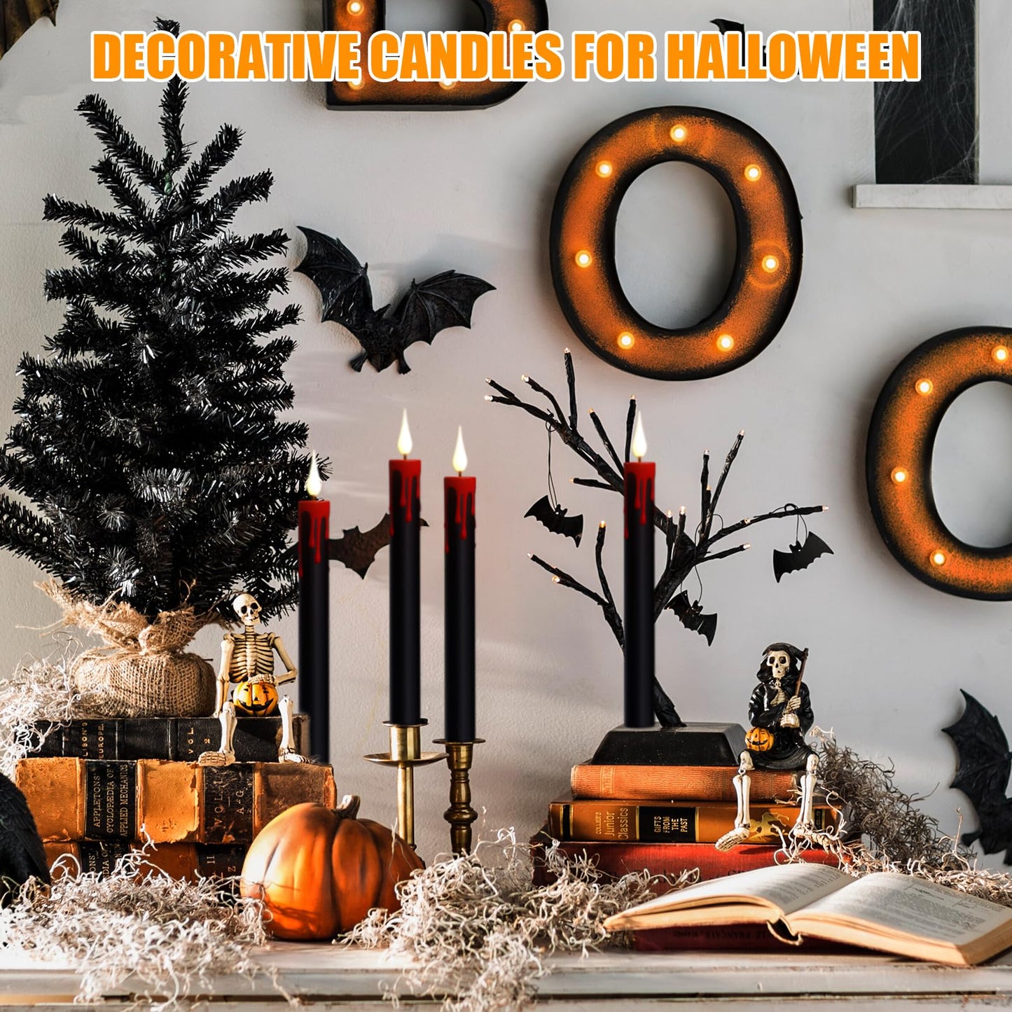GenSwin Halloween Black Taper Flameless Candles Battery Operated with Remote Timer, 4 Pcs Drip Wax Flameless LED Candle Sticks with 3D Flickering Flame for Window Fireplace Decor (0.78 x 8.9 inches)