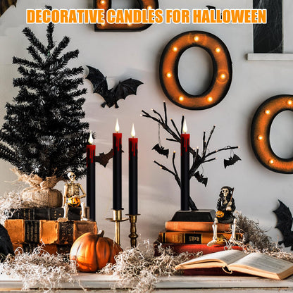 GenSwin Halloween Black Taper Flameless Candles Battery Operated with Remote Timer, 4 Pcs Drip Wax Flameless LED Candle Sticks with 3D Flickering Flame for Window Fireplace Decor (0.78 x 8.9 inches)