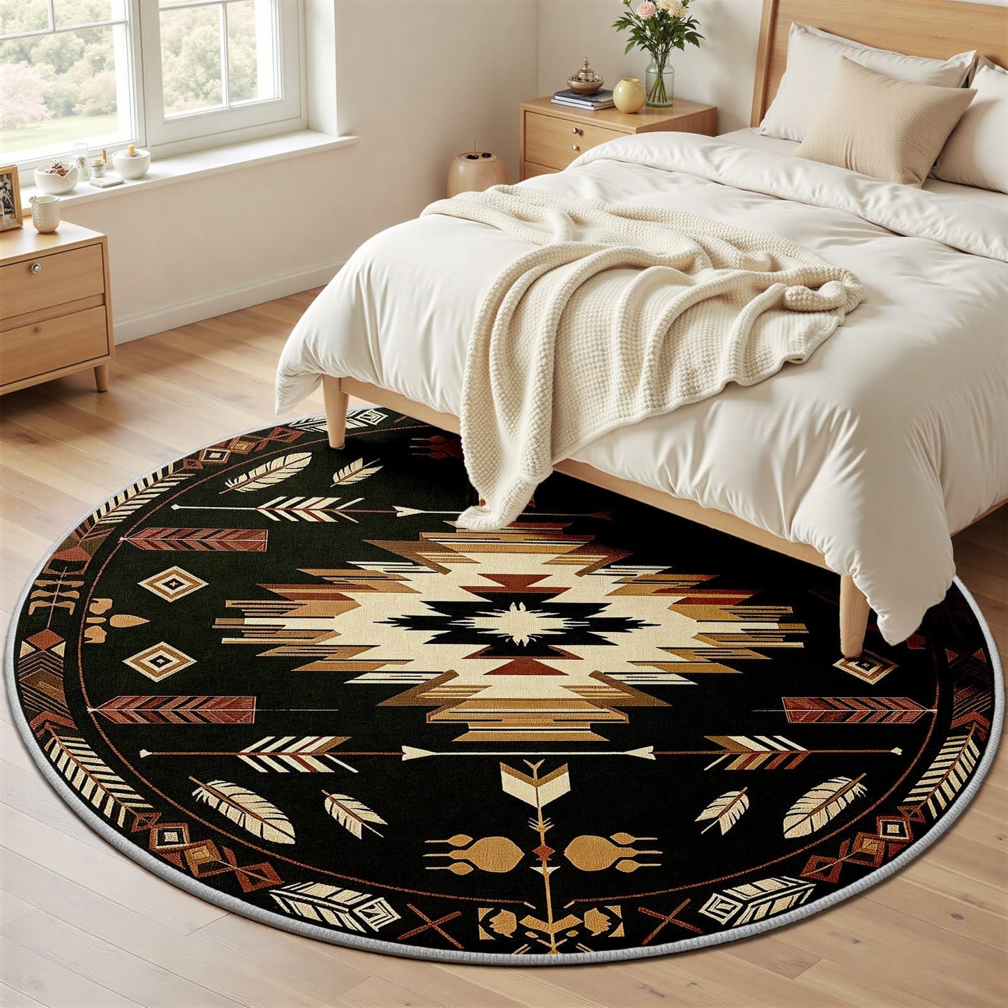 4ft Round Rug, Native American Circle Area Rug, Aztec Navajo Round Rugs for Living Room Bedroom, Indian Southwestern Tribal Circle Rugs for Dining Room Entryway Dorm, Washable Non-Slip Floor Mat