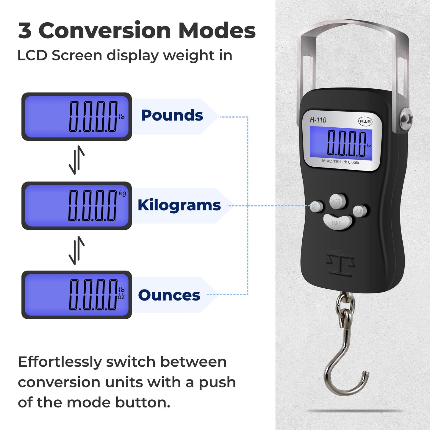 AWS Digital Luggage Scale, Fish Weighing Scale, Hanging Scale 110lb/50kg – Die-Cast Metal Construction, Built-in Tape Measure, Hook & Handle – for Travel, Fishing, Archery, Hunting, Outdoor (Black)