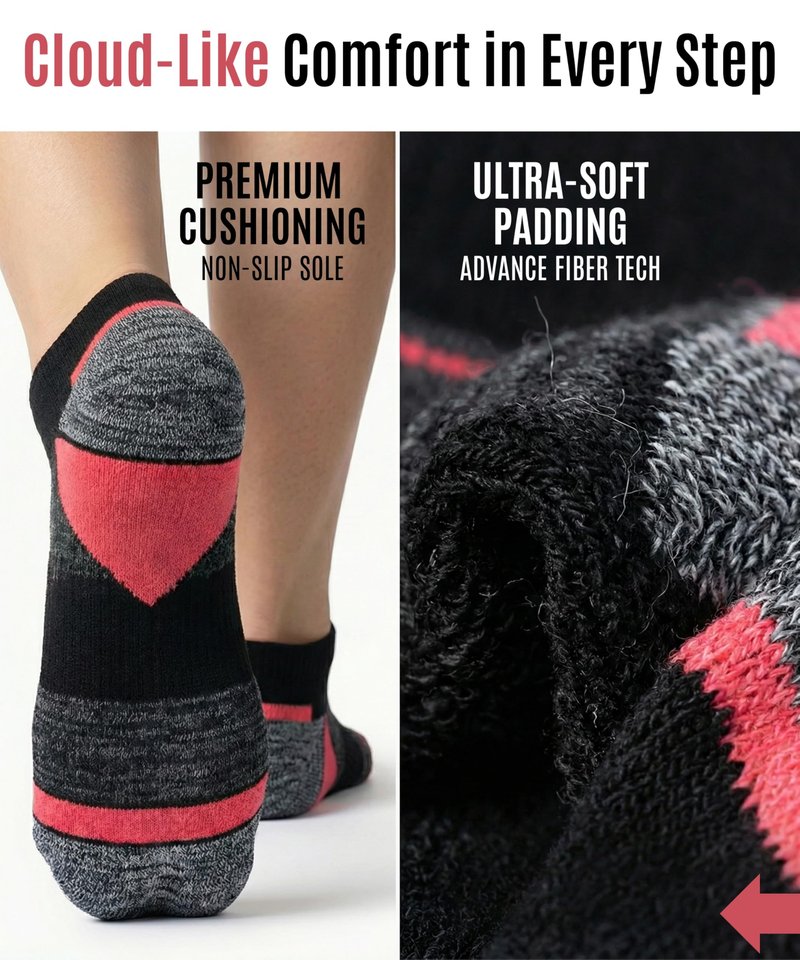 Tipi Toe Women's 6 Pack Breathable Comfort Running Black Color Grey Contrast Womens Comfy Socks, SP35-A-6