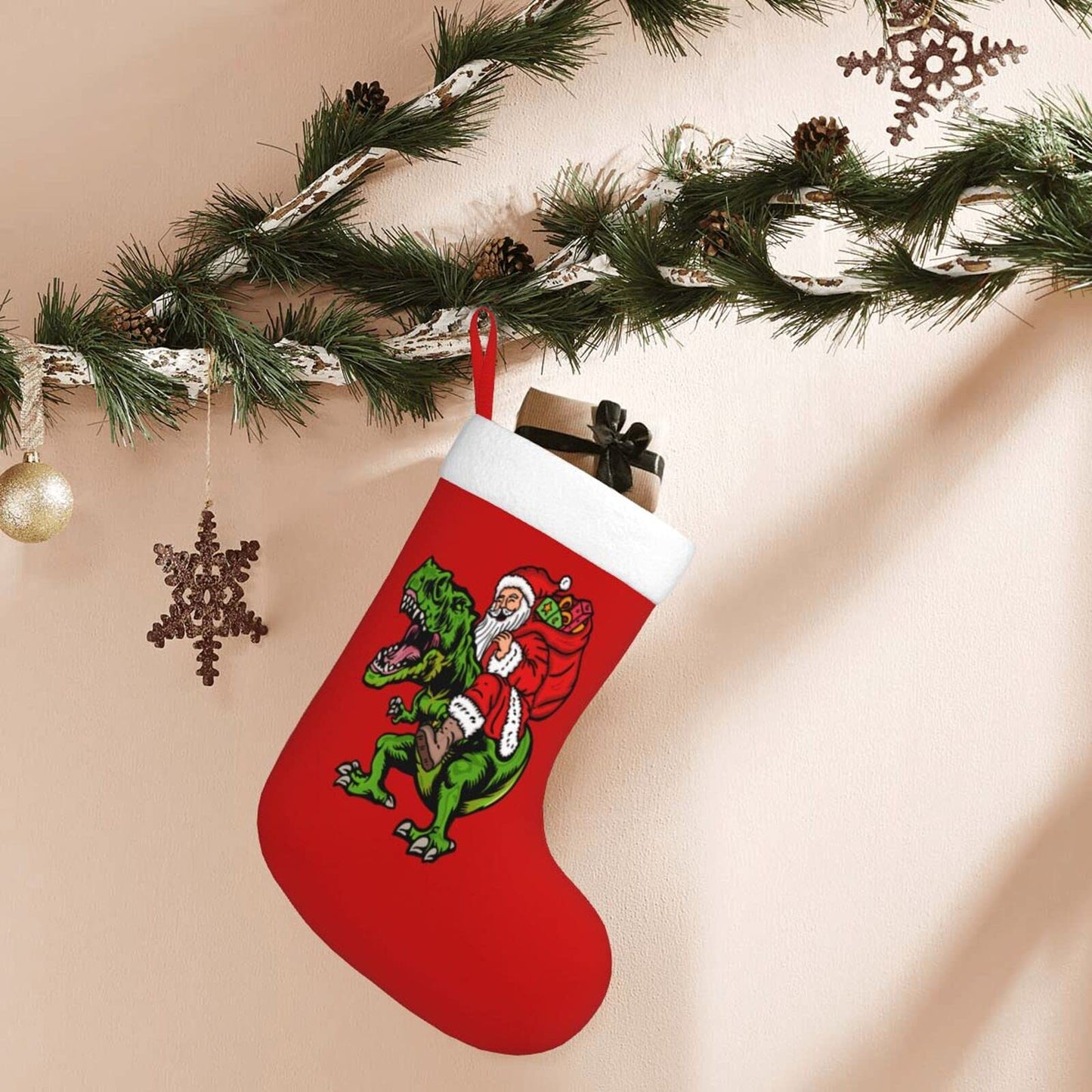 Yilad Christmas Stockings Dinosaur Santa Claus Xmas Stockings with Plush Faux Fur Cuff Decoration for Holiday Family Party 16.5 Inches