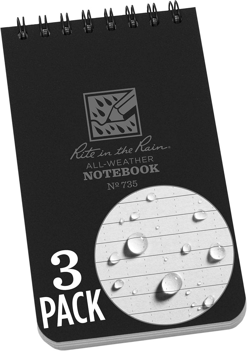 Weatherproof Top Spiral Notebook - Rite in the Rain | 3" x 5", Black Cover, Universal Pattern, 3 Pack