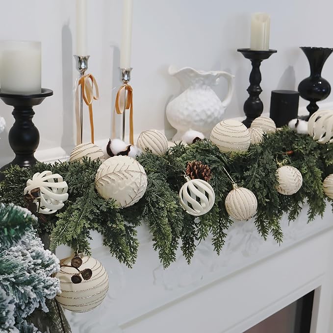 3.15INCH Beige Velvet Ornaments for Christmas Tree, 12PCS Glitter Flocked Christmas Ornaments Decorations Balls Set Decor