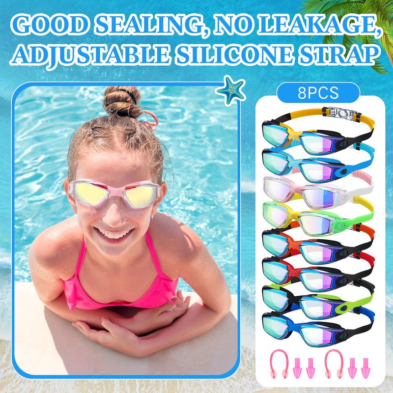 Konohan 8 Pack Kids Swim Goggles for Adult Kid Swimming Glasses Anti Fog Silicone No Leak Swim Glasses Ear Plug Nose Clip(Fashion Colors)
