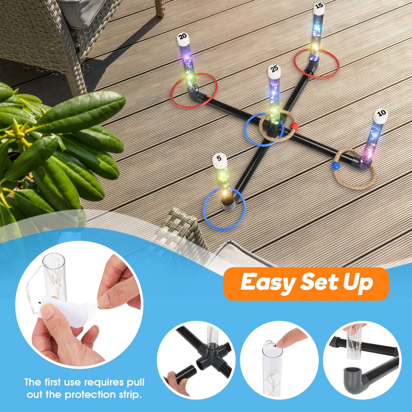 Outdoor Games for Kids 3-12: FunforFun! LED Ring Toss Game with 18 Rings Boys Girls Toys Age 5 6 7 8 9 Yard Games for Family Outside Toys for 10 11 12 13 14 Years Old Boys Gifts for Kid Age 8-12