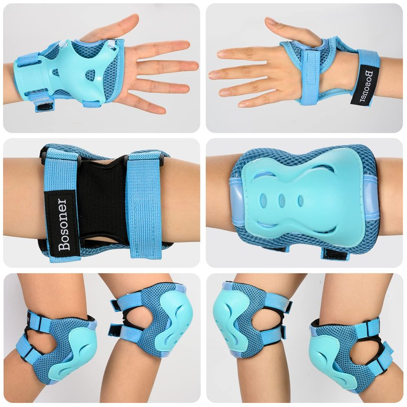 BOSONER Knee Pads for Kids Roller-Skating - Adjustable Protective Gear Set Knee Elbow Pads Wrist Guards for Bike Cycling Skateboarding Scooter Gifts 3-8 / 9-15 Years Boys Girls(Blue)