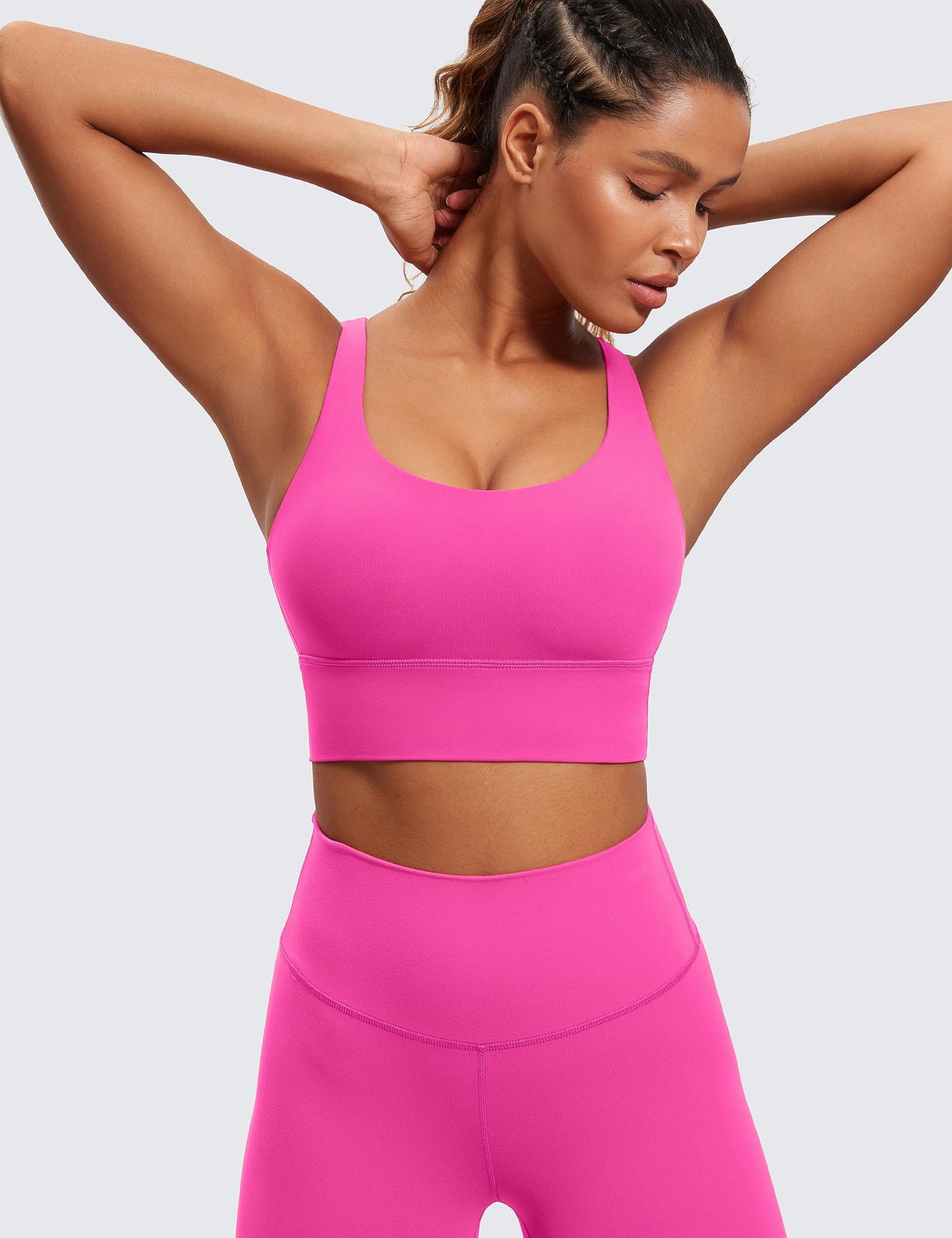 CRZ YOGA Naked Feeling Strappy Longline Sports Bras for Women - Medium Impact Criss Cross Yoga Padded Workout Crop Top Hibiscus Purple Medium