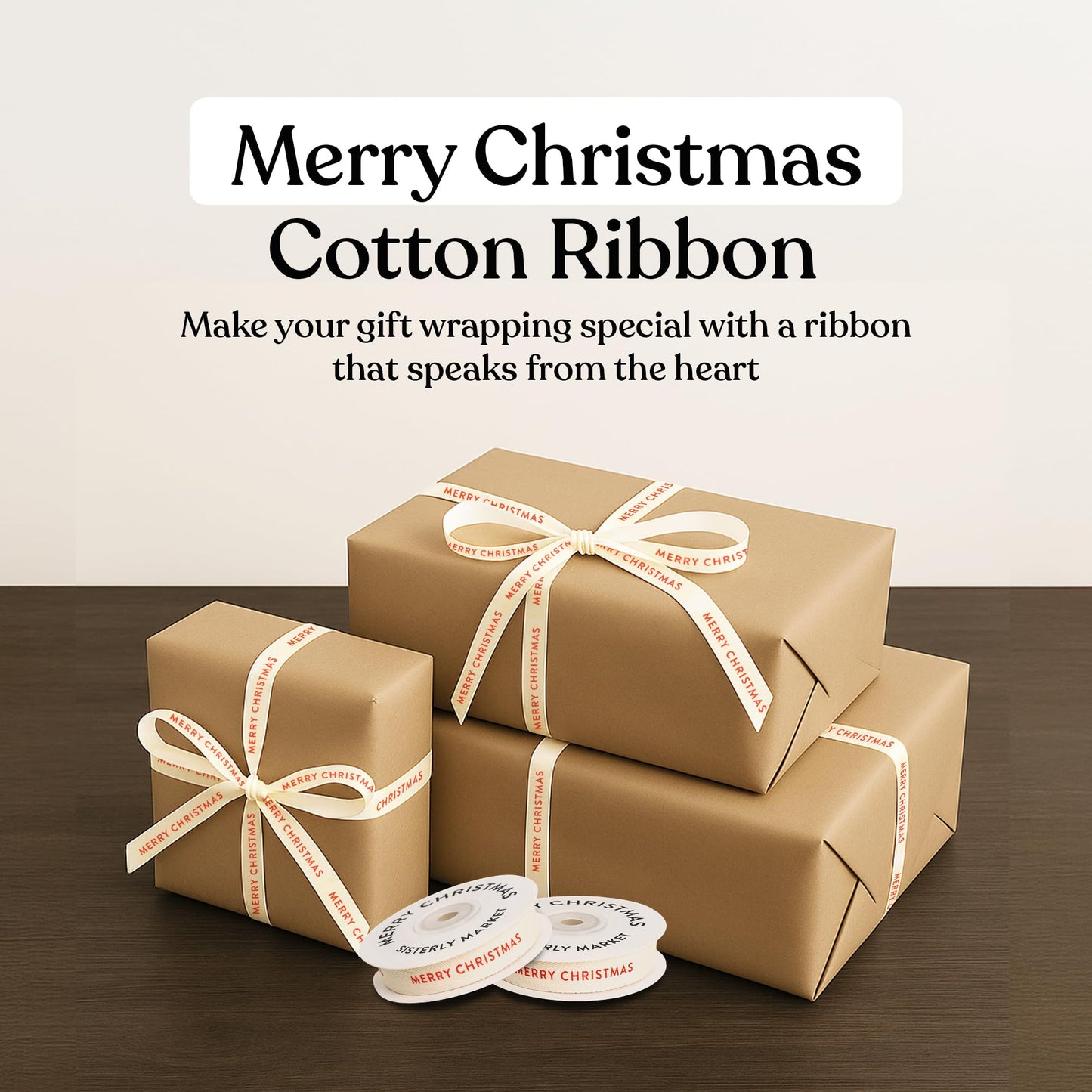 Sisterly Market - Custom Herringbone Cotton Ribbon, Natural 5/8 Inch Gift Ribbon with Merry Christmas Printed Phrase, 10 Yards
