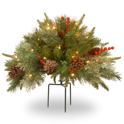 National Tree Company 18 in Pre-Lit Colonial Fir Artificial Christmas Urn Filler, Christmas Decoration with Pinecones, Red Berries, 35 Clear LED Lights, 167 Tips, Timer, Tripod Stake, Green