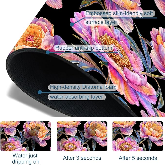 Colorful Peonies Sink Faucet Absorbing Mat Blooming Peonies Super Absorbent