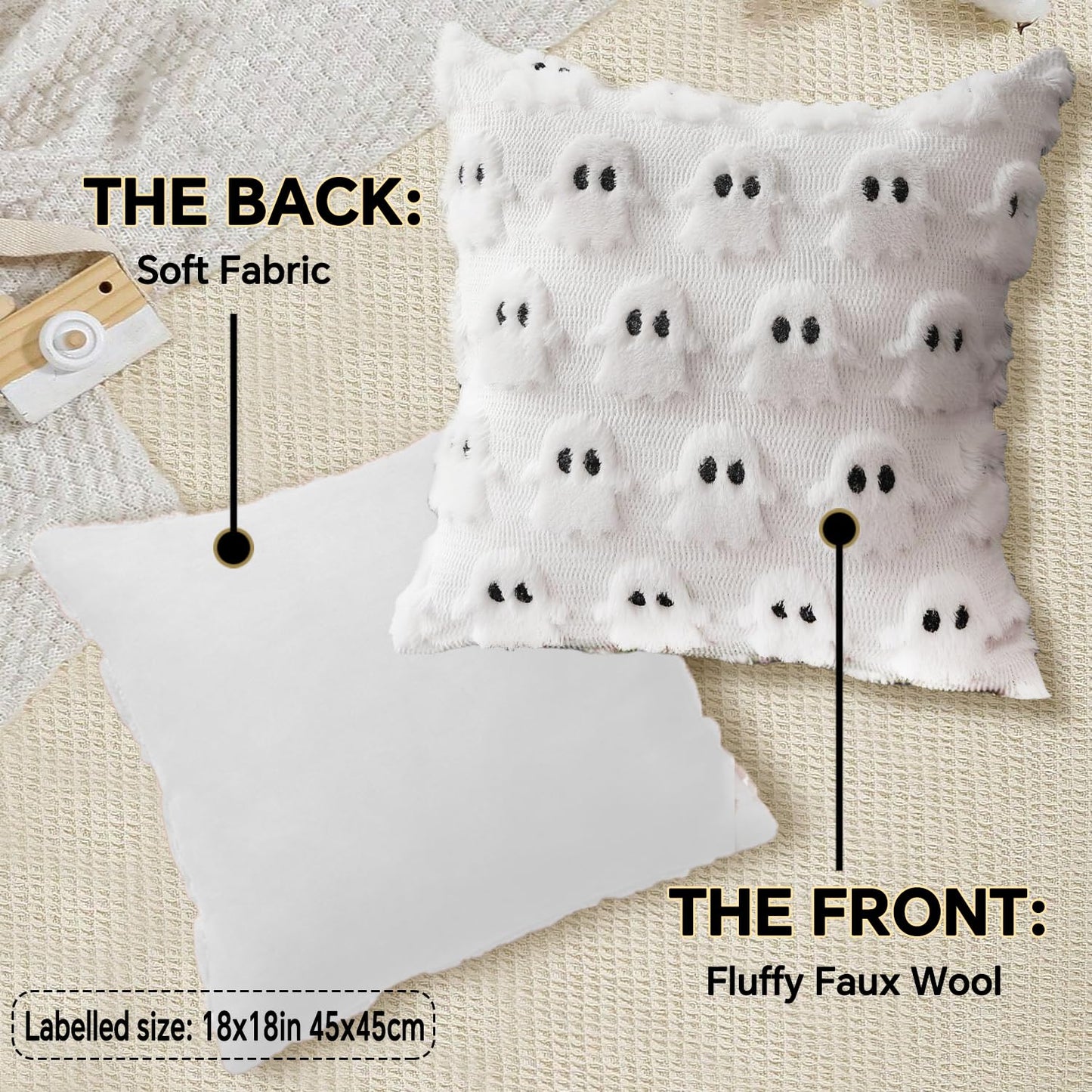 4 Pcs Halloween Throw Pillow Covers 18x18, Soft Faux Fur Pillow Cases Decorations, Fluffy Plush Accent Couch Cushion Case for Halloween Chair Sofa Bedroom Living Room Home Decor(Ghost B)