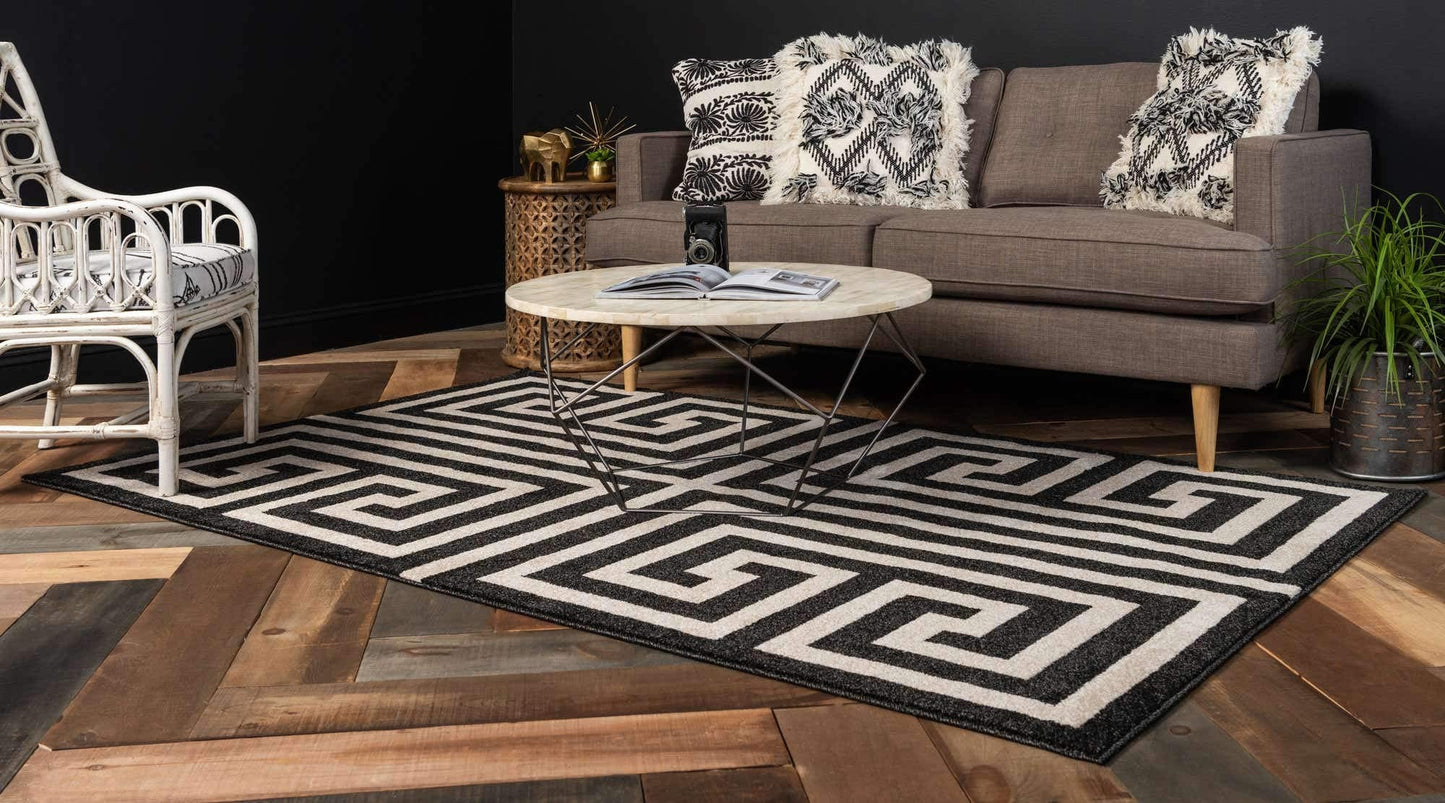 Unique Loom Athens Collection Classic Geometric Modern Border Design Area Rug (5' 0 x 8' 0 Rectangular, Black/ Beige)
