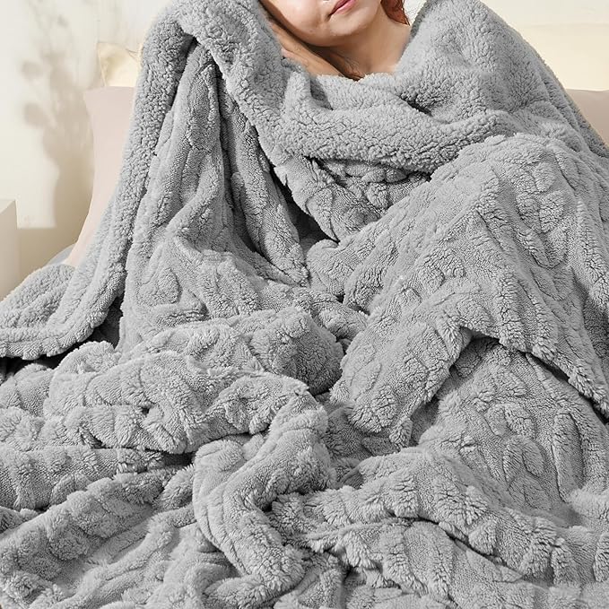 PHF Fluffy Sherpa Blanket Queen Size for Winter, Warm and Soft, 510GSM 3D Jacquard Thick Shaggy Fleece Plush Blanket for Sofa Bed, Grey, 90"x90"