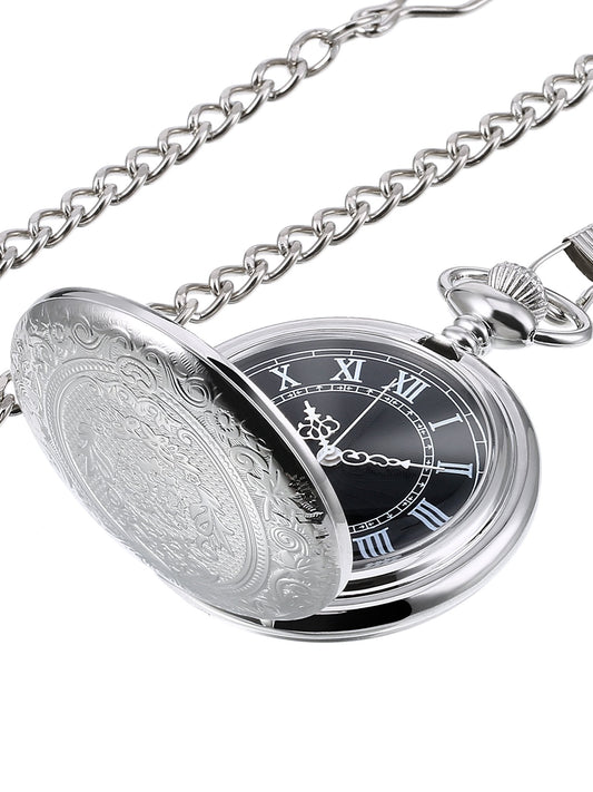 Quartz Pocket Watch for Men with Black Dial and Chain (Silver)