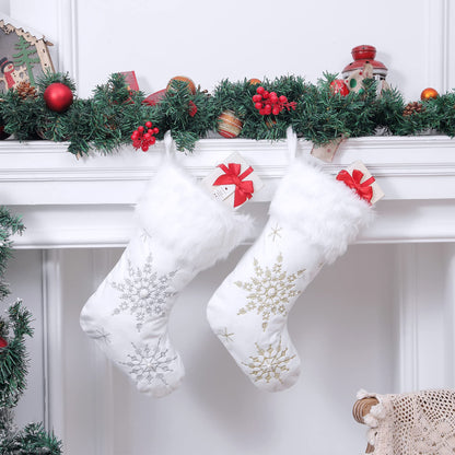 Mencly White Christmas Stockings, Set of 2 White Stockings for Christmas, 18” Large Christmas Stockings with Plush Faux Fur Cuff, Family Xmas Hanging Stockings Decorations (Silver & Gold Snowflake)