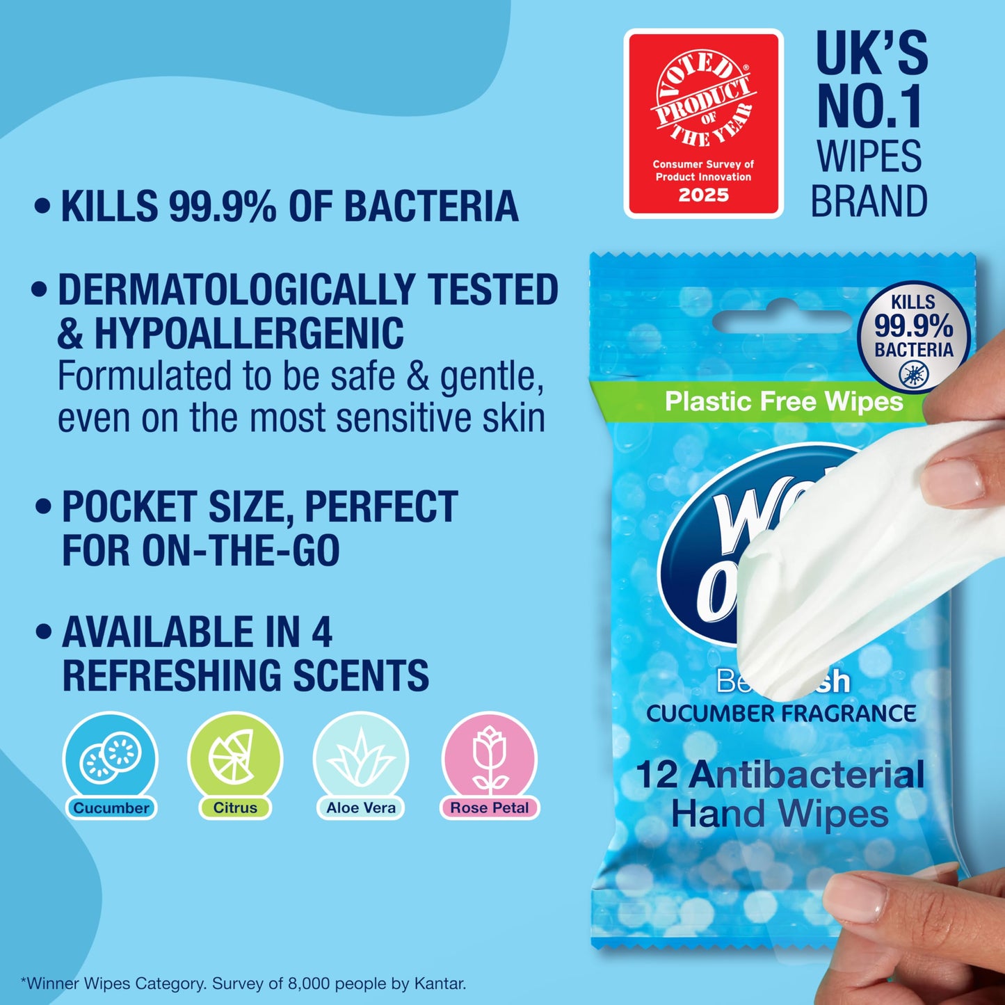 Wet Ones – Be Fresh – Plastic Free Antibacterial Pocket Size Hand Wipes - 144 wipes – 12 packs x 12 wipes