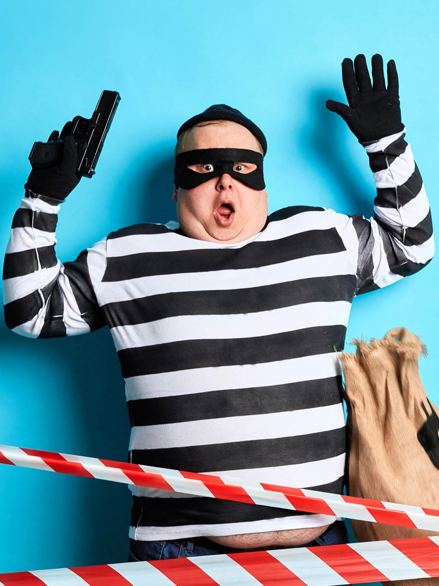 URATOT Halloween Robber Costume Set, Include Striped Long Sleeve T-Shirt Knit Cap Gloves Canvas Bags and Eye Mask