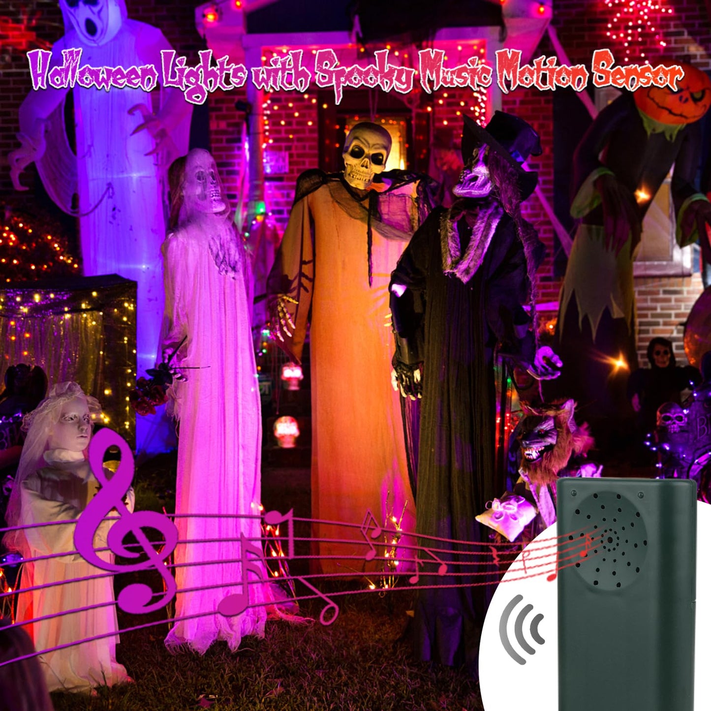 Tcamp Battery Operated Halloween Lights Motion Activated Sync with Music, 33FT 100 LED Orange Purple String Lights with Spooky Music for Outdoor Indoor Halloween Decor (6 Lighting Modes)