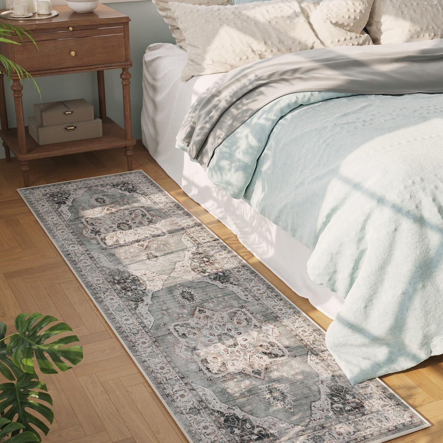 Rugcomf Vintage Medallion Kitchen Rugs Non Slip Washable 2'7"x8' - Low Pile Runner Rug, Boho Carpet for Hallways, Laundry, Bedroom, Bathroom - Grey and White