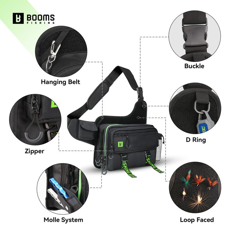 Booms Fishing Tackle Storage Bag - IB1 Fishing Gear Bag with Lures Operation Tray - Saltwater & Freshwater Fly Fishing Sling Bag for Men