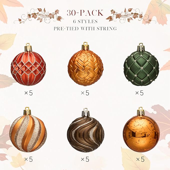 JORNOY Fall Ornaments for Tree, Shatterproof Plastic Baubles with Lanyard, Classic Autumn Hanging Balls Set for Thanksgiving Christmas Home Decor, 2.36 inch/60mm, Orange